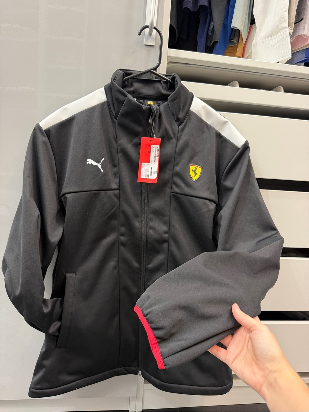 Puma Black Track Jacket with White Shoulder Panels and Red Trim